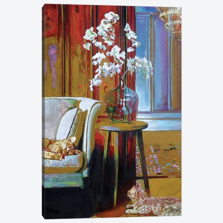 Lounge Cats With Orchids Canvas Print #TMW25} by Timothy Adam Matthews Canvas Art