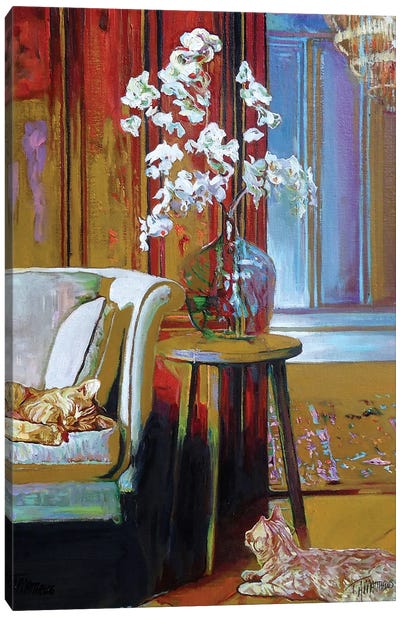 Lounge Cats With Orchids Canvas Art Print - Timothy Adam Matthews