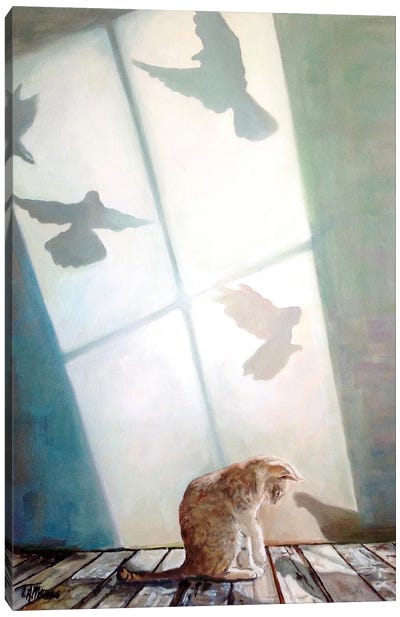 Cat Bird Shadow Canvas Art Print - Timothy Adam Matthews