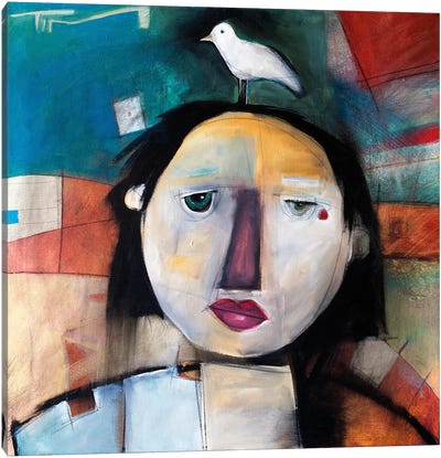 Girl With Dove On Head Canvas Art Print - Dove & Pigeon Art