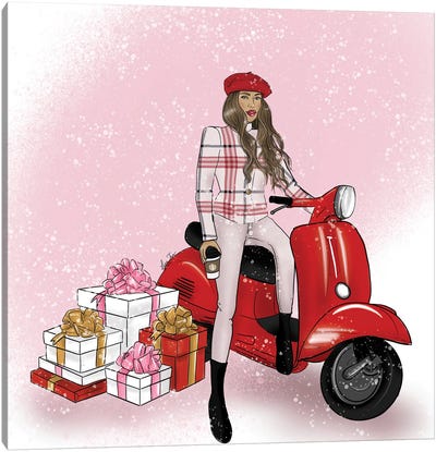 Christmas Scooter Girl Canvas Art Print - Lara Tan
