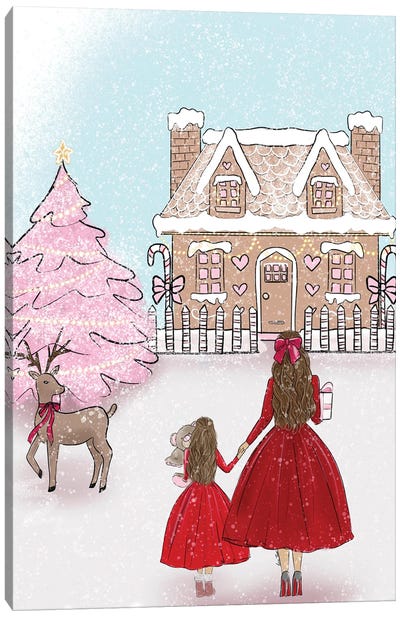 Gingerbread House Mom And Daughter Canvas Art Print - Reindeer Art