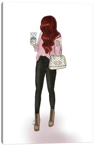 Red Hair Coffee Girl Canvas Art Print - Women's Pants Art