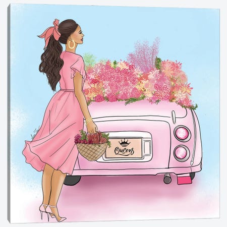 Romantic Pink Car And Girl With Flowers Canvas Print #TNL49} by Lara Tan Canvas Art
