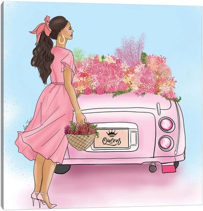 Romantic Pink Car And Girl With Flowers Canvas Art Print - Barbiecore