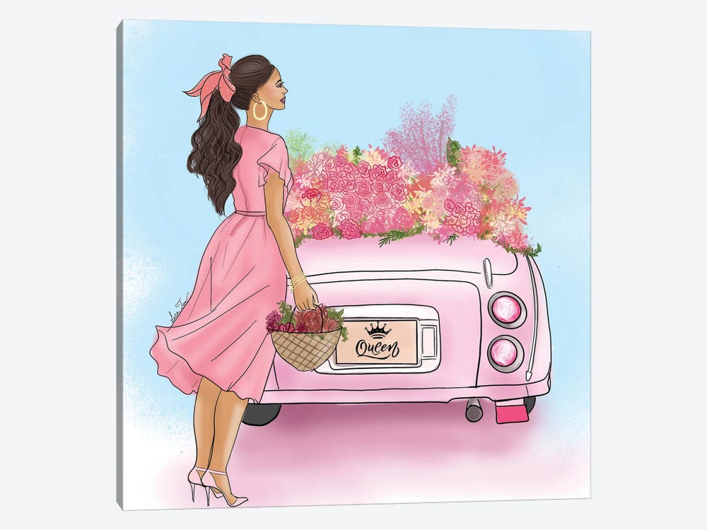 Romantic Pink Car And Girl With Flowers by Lara Tan 1-piece Canvas Art