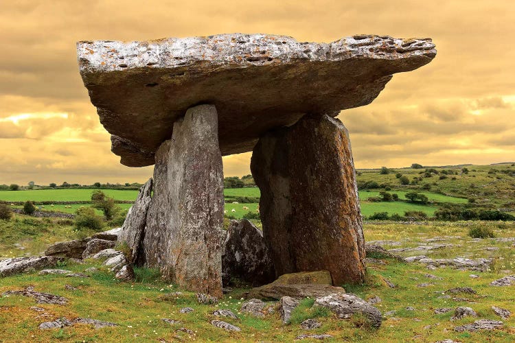 Poulnabrone Dolmen. Burren. County Down. Ireland. Burren National Park. Poulnabrone Portal Tomb In Karst Landscape.