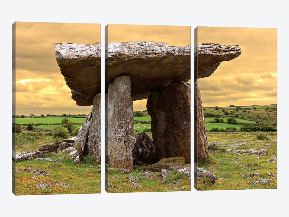 Poulnabrone Dolmen. Burren. County Down. Ireland. Burren National Park. Poulnabrone Portal Tomb In Karst Landscape. by Tom Norring 3-piece Canvas Print