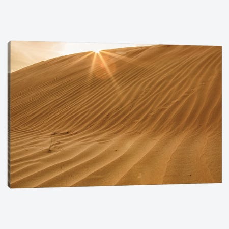 Sunset with Sunburst. Desert with sand. Abu Dhabi, United Arab Emirates. Canvas Print #TNO40} by Tom Norring Canvas Print