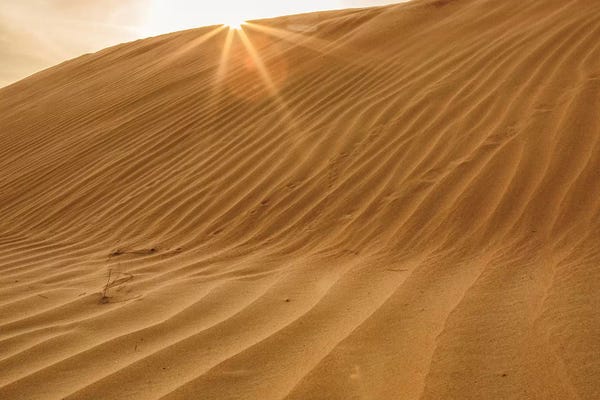 Sunset with Sunburst. Desert with sand. Abu Dhabi, United Arab Emirates.
