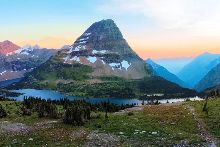 Bearhat Mountain behind Hidden Lake at sunset. Glacier National Park. Montana. Usa.