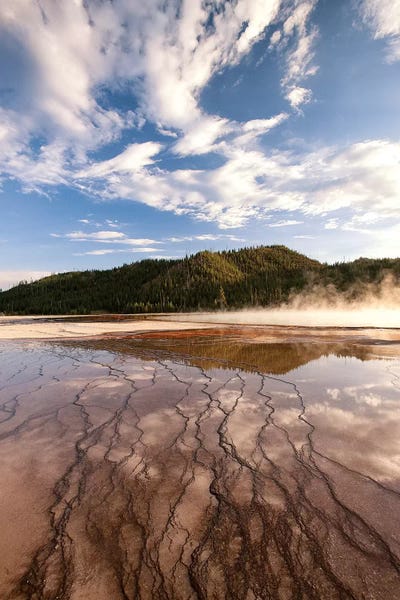 Cloud reflections over chemical Sediments. Yellowstone National Park, Wyoming.