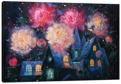 Peonies Over The City Canvas Art Print - Illuminated Dreamscapes