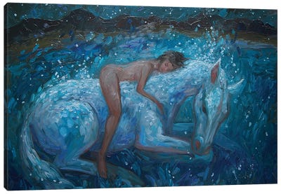 A Girl And A Horse. Moonlit Night Canvas Art Print - Tatiana Nikolaeva