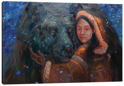 Girl And Bear Canvas Art Print - Wild Spirit