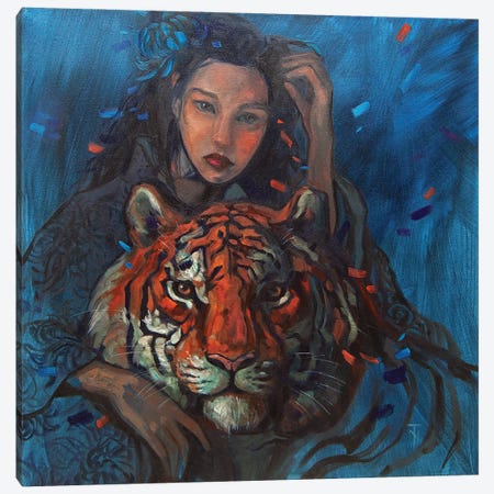 Girl And Tiger Canvas Print #TNV32} by Tatiana Nikolaeva Canvas Art Print