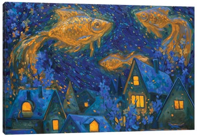 Dream Delivery. Goldfish And City At Night Canvas Art Print - Illuminated Dreamscapes
