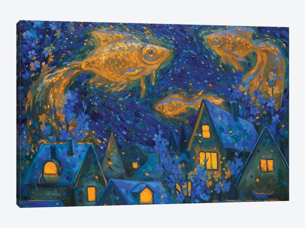 Dream Delivery. Goldfish And City At Night by Tatiana Nikolaeva 1-piece Canvas Art