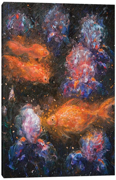 Goldfish In The Iris Garden Canvas Art Print - Goldfish Art