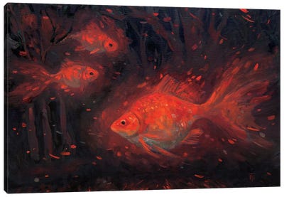 Goldfish In The Red Fairy Forest Canvas Art Print - Fire & Ice