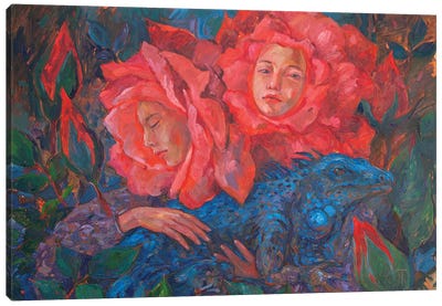 Sisters Of A Rose With An Iguana Canvas Art Print - Iguanas