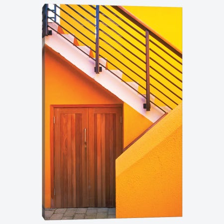 Geometric view of a yellow and orange stairway. Canvas Print #TOH2} by Tom Haseltine Canvas Wall Art