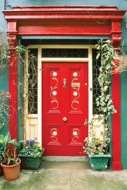 Red door with painted daisies, surrounded by flowers and vines.