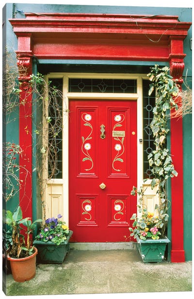 Red door with painted daisies, surrounded by flowers and vines. Canvas Art Print