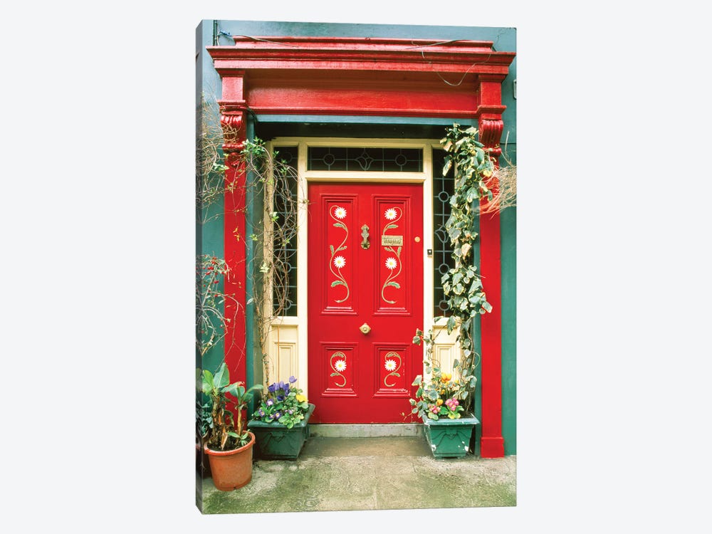 Red door with painted daisies, surrounded by flowers and vines. by Tom Haseltine 1-piece Canvas Art