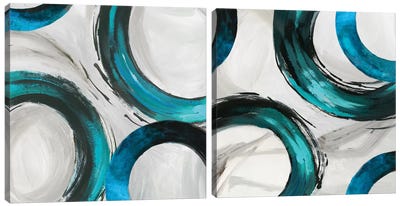 Teal Ring Diptych Canvas Art Print - Circular Abstract Art