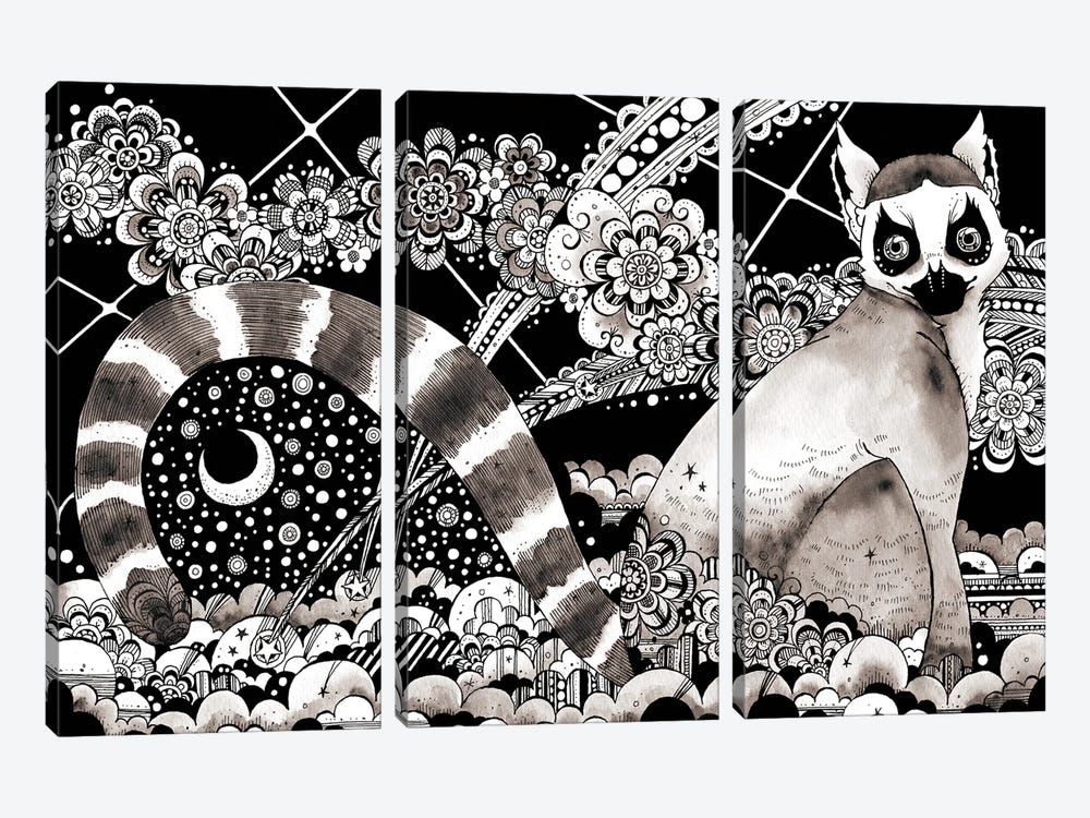 Ring-Tailed Lemur And Moon by Taeko Ozaki 3-piece Canvas Print