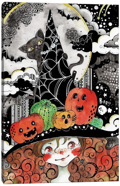 Young Witch Canvas Art Print - Pumpkins