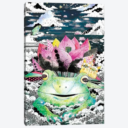 Lotus Frog Canvas Print #TOZ7} by Taeko Ozaki Canvas Wall Art