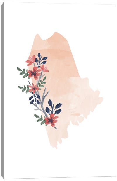 Maine Floral Watercolor State Canvas Art Print - Maine Art