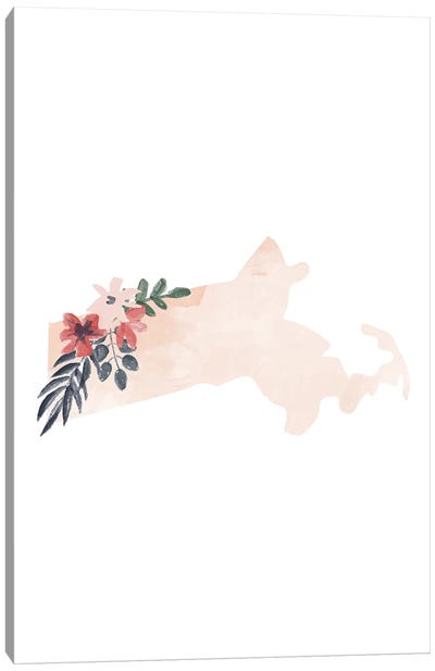 Massachusetts Floral Watercolor State Canvas Art Print - Typologie Paper Co