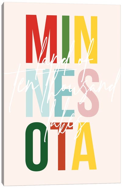 Minnesota "Land Of Ten Thousand Lakes" Color State Canvas Art Print - Typologie Paper Co