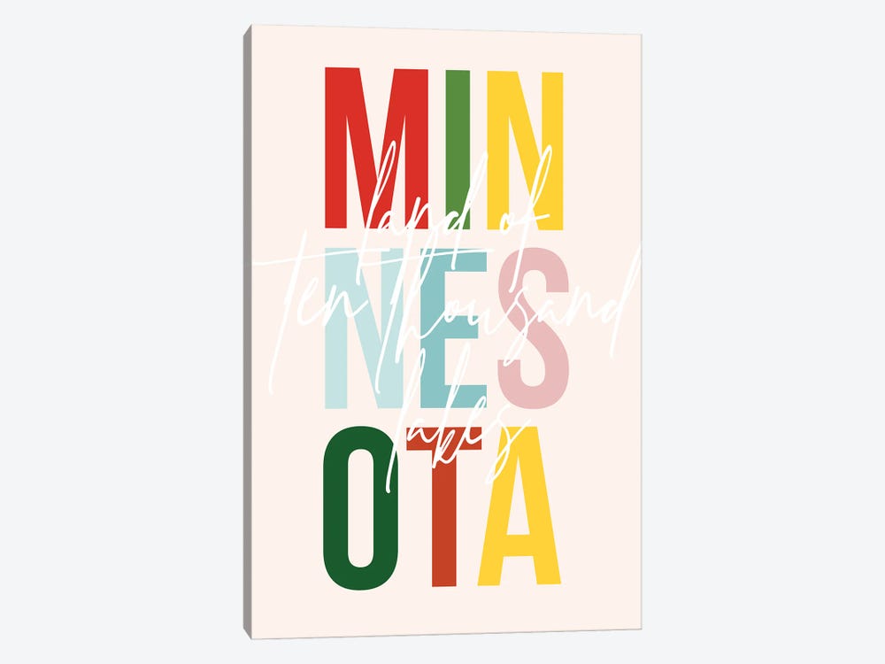 Minnesota "Land Of Ten Thousand Lakes" Color State by Typologie Paper Co 1-piece Canvas Art Print