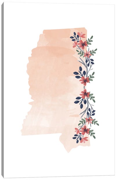 Mississippi Floral Watercolor State Canvas Art Print - Mississippi Art