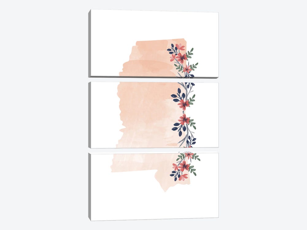 Mississippi Floral Watercolor State by Typologie Paper Co 3-piece Canvas Artwork