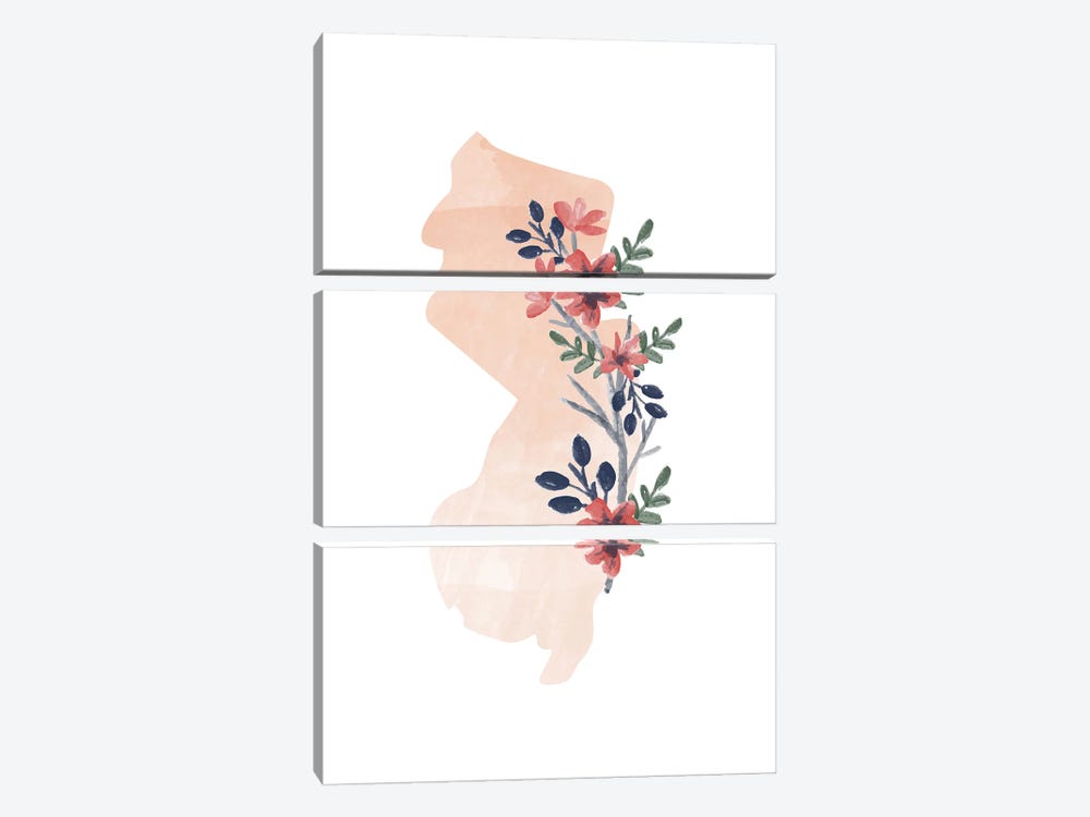 New Jersey Floral Watercolor State by Typologie Paper Co 3-piece Canvas Art Print
