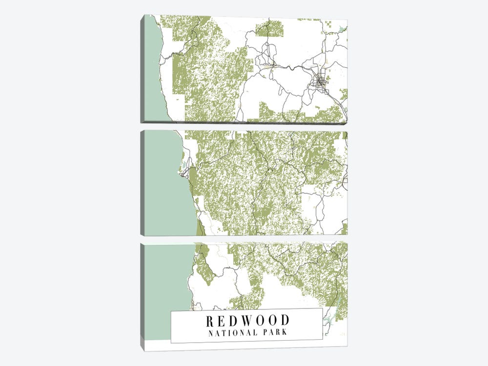 Redwood National Park Retro Street Map by Typologie Paper Co 3-piece Canvas Print