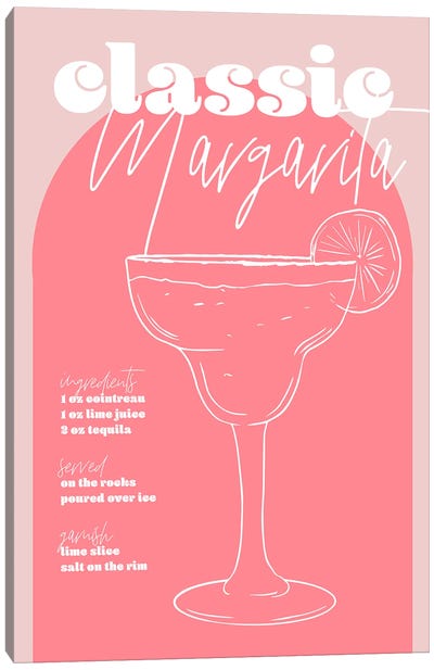 Vintage Retro Inspired Classic Margarita Recipe Pink And Dark Pink Canvas Art Print - Typologie Paper Co