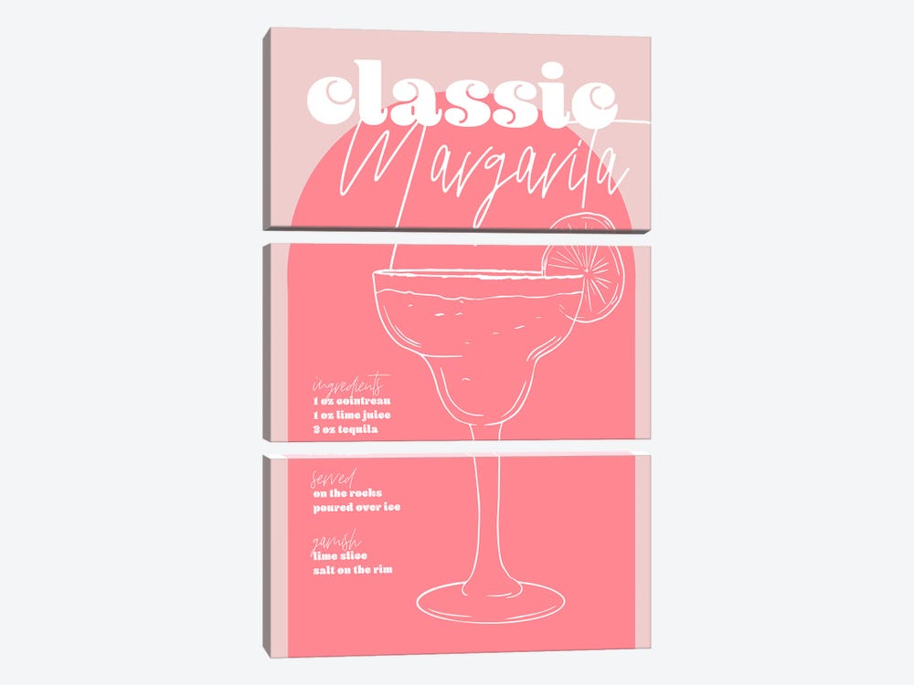 Vintage Retro Inspired Classic Margarita Recipe Pink And Dark Pink by Typologie Paper Co 3-piece Canvas Artwork