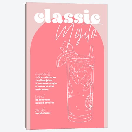Vintage Retro Inspired Classic Mojito Recipe Pink And Dark Pink Canvas Print #TPP185} by Typologie Paper Co Canvas Art Print