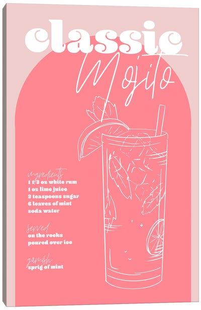 Vintage Retro Inspired Classic Mojito Recipe Pink And Dark Pink Canvas Art Print - Mojito
