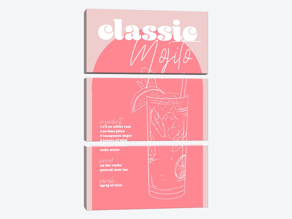 Vintage Retro Inspired Classic Mojito Recipe Pink And Dark Pink by Typologie Paper Co 3-piece Canvas Art Print
