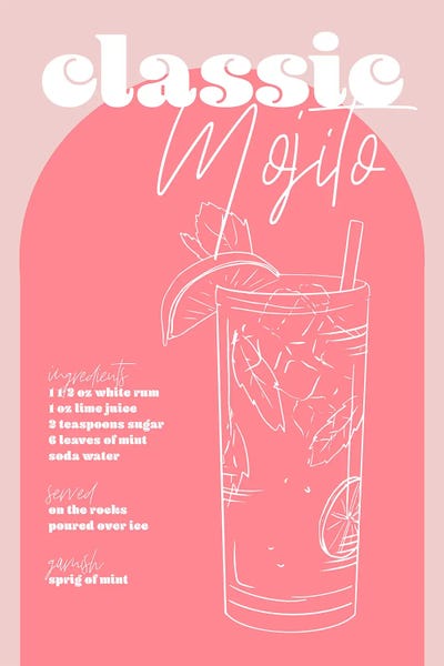 Mojito: Vintage Retro Inspired Classic Mojito Recipe Pink And Dark Pink by Typologie Paper Co