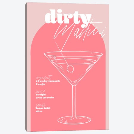 Vintage Retro Inspired Dirty Martini Recipe Pink And Dark Pink Canvas Print #TPP186} by Typologie Paper Co Canvas Print