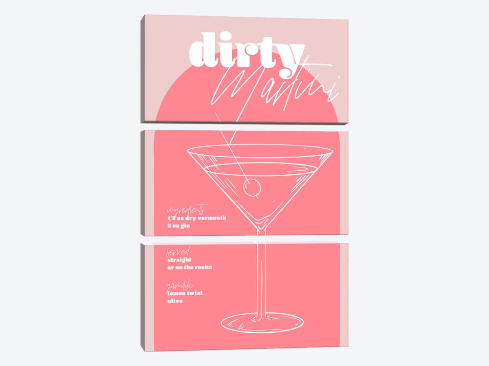 Vintage Retro Inspired Dirty Martini Recipe Pink And Dark Pink by Typologie Paper Co 3-piece Canvas Art
