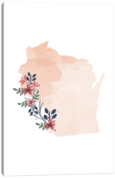 Wisconsin Floral Watercolor State Canvas Art Print - Wisconsin Art